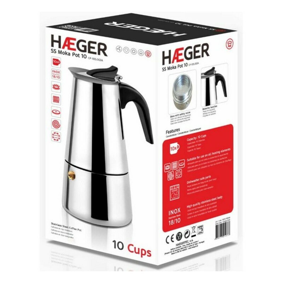 Italienische Kaffeekanne Haeger Moka Edelstahl 18/10