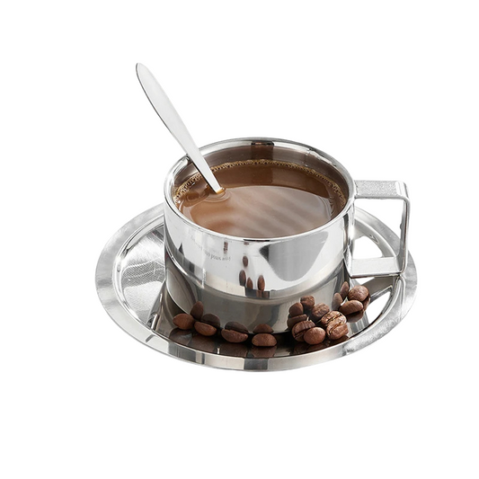 3-teiliges Edelstahl-Kaffeetassen-Set mit Tablett & Löffel – doppelwandig