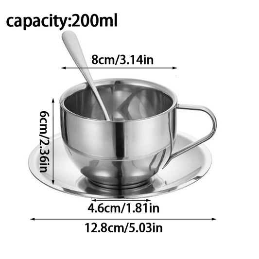 3-teiliges Edelstahl-Kaffeetassen-Set mit Tablett & Löffel – doppelwandig