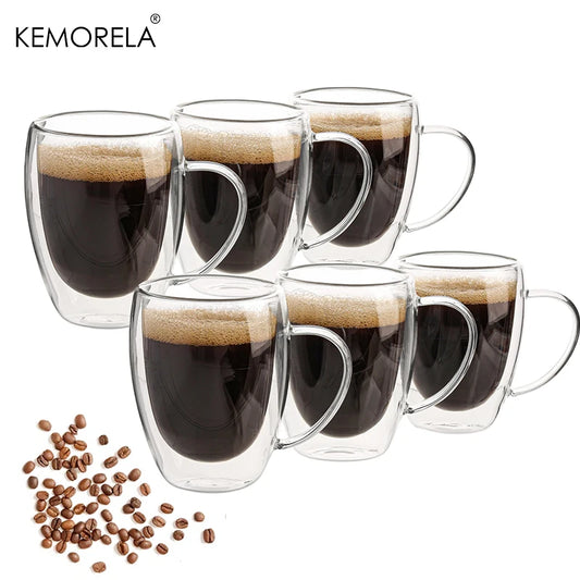 4/6er Set Doppelwandige Glas-Kaffeetassen 350 ml – Transparent mit Henkel