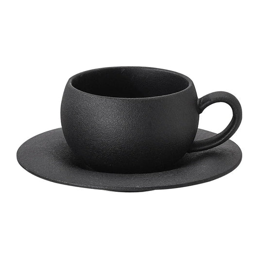 Keramik-Tasse mit Untertasse – 110 ml / 280 ml, schwarz oder weiß, handgefertigter Stein-Look