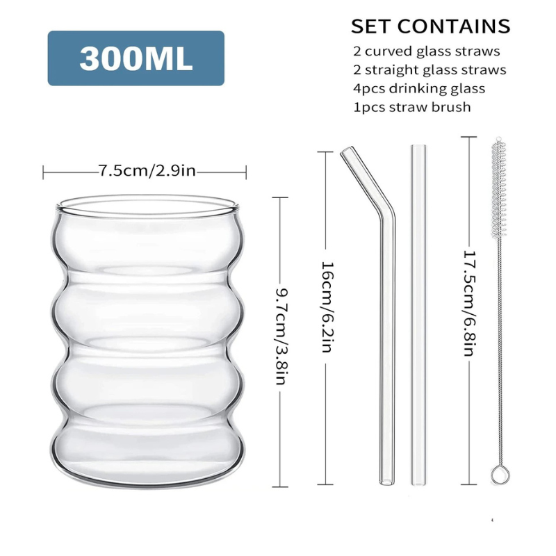 Leeseph 4er Set Vintage Ribbed Gläser mit Strohhalmen