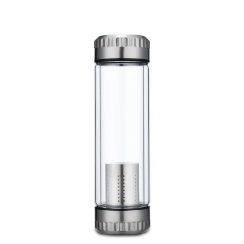 Glas-Trinkflasche 280/350/500 ml mit Edelstahl-Teesieb – Doppelwandige Flasche mit Deckel & dickem Boden – Für Büro, Zuhause & als Geschenk