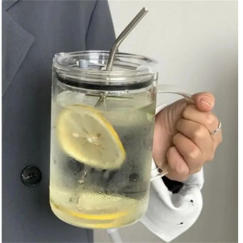 1 L Glas-Trinkbecher mit Deckel & Strohhalm – Transparente Tasse für Kaffee, Milch, Saft & Kaltgetränke – Wiederverwendbarer Glasbecher
