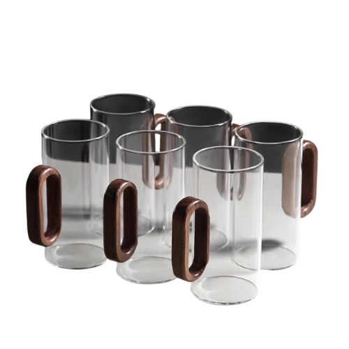 Glas-Tassen-Set mit Holzgriff – Hitzebeständig, 6 Stück