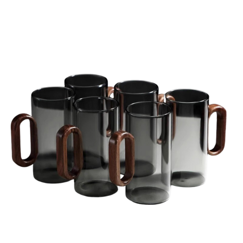 Glas-Tassen-Set mit Holzgriff – Hitzebeständig, 6 Stück