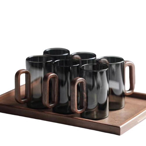 Glas-Tassen-Set mit Holzgriff – Hitzebeständig, 6 Stück