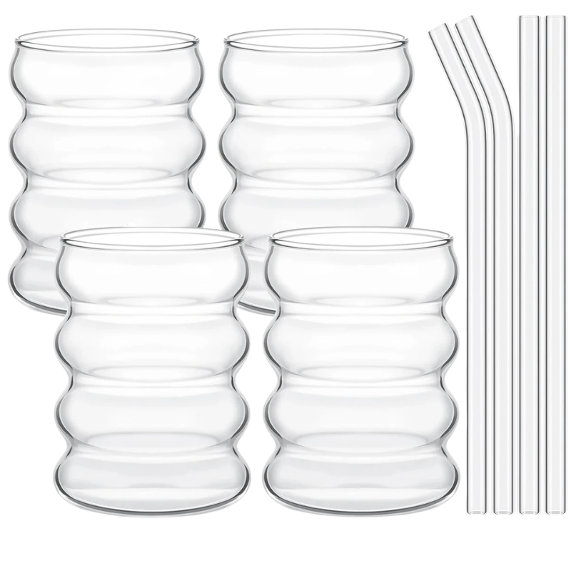Leeseph 4er Set Vintage Ribbed Gläser mit Strohhalmen